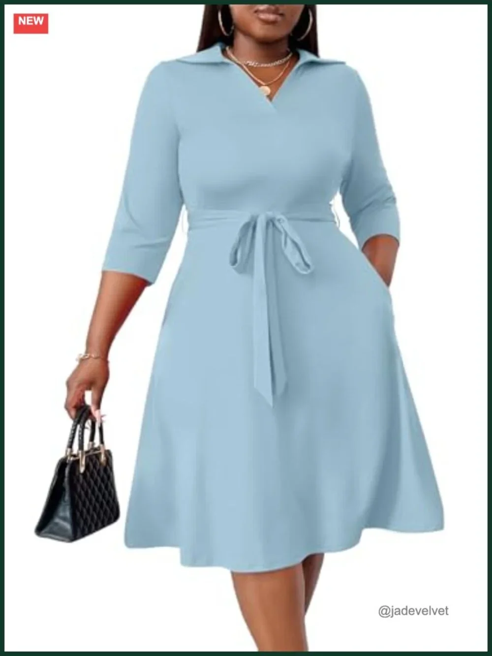 Plus Size Midi Cocktail Dress with Pockets and Belt, 3/4 Sleeve